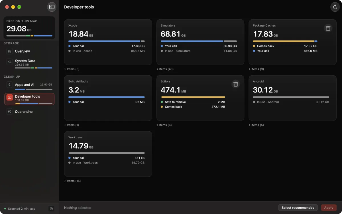 The Developer tools screen