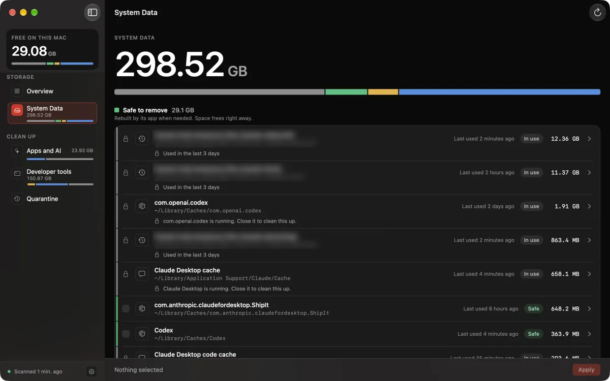 The System Data screen with its buckets